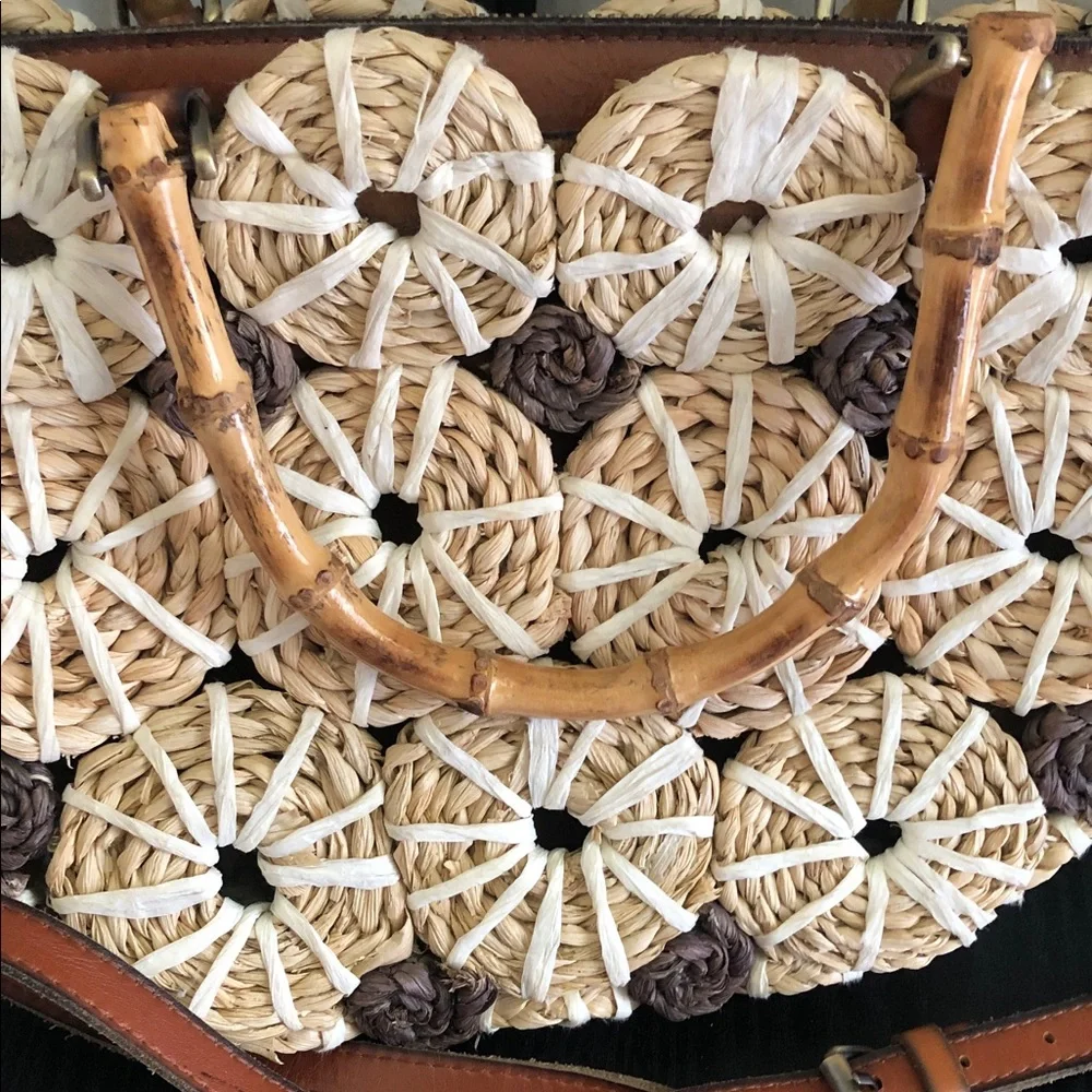 Patricia Nash rare Y2k palmarola satchel Woven Straw bamboo  - Cream & Brown